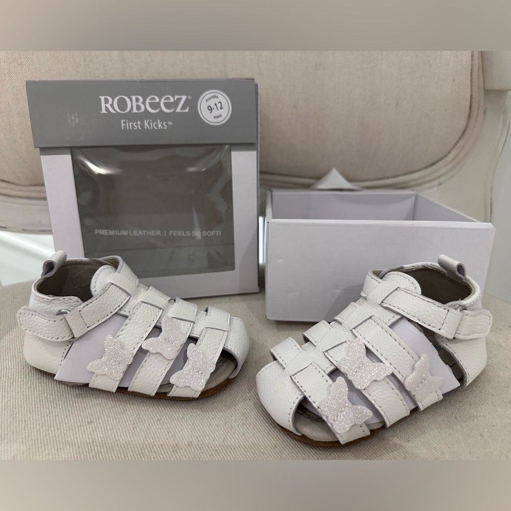 🤍 9~12 Mth Robeez Leather Butterfly Walker Sandals Mariposa First Kicks White